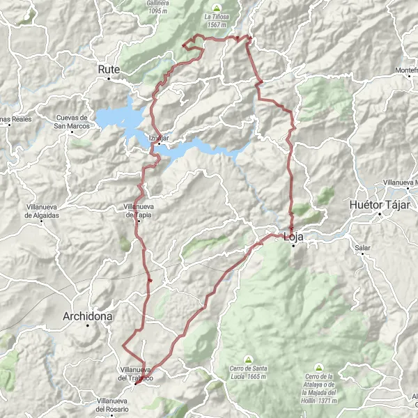 Miniaturní mapa "Gravel cyklotrasa" inspirace pro cyklisty v oblasti Andalucía, Spain. Vytvořeno pomocí plánovače tras Tarmacs.app