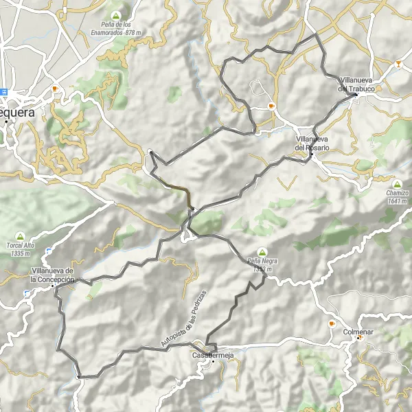 Miniatuurkaart van de fietsinspiratie "Route van Villanueva del Trabuco naar Villanueva del Rosario en terug" in Andalucía, Spain. Gemaakt door de Tarmacs.app fietsrouteplanner