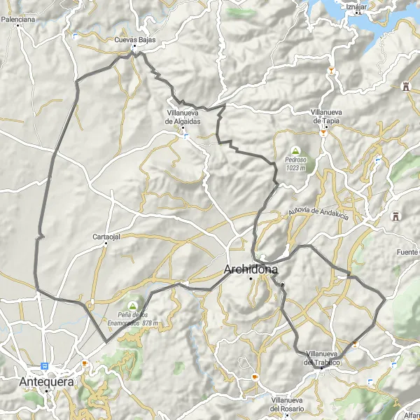 Map miniature of "Exhilarating Road Trip to Villanueva del Trabuco" cycling inspiration in Andalucía, Spain. Generated by Tarmacs.app cycling route planner