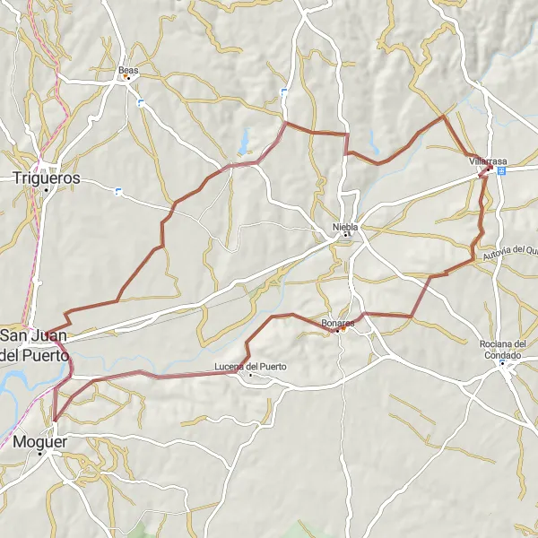 Map miniature of "Gravel Trail to Bonares" cycling inspiration in Andalucía, Spain. Generated by Tarmacs.app cycling route planner