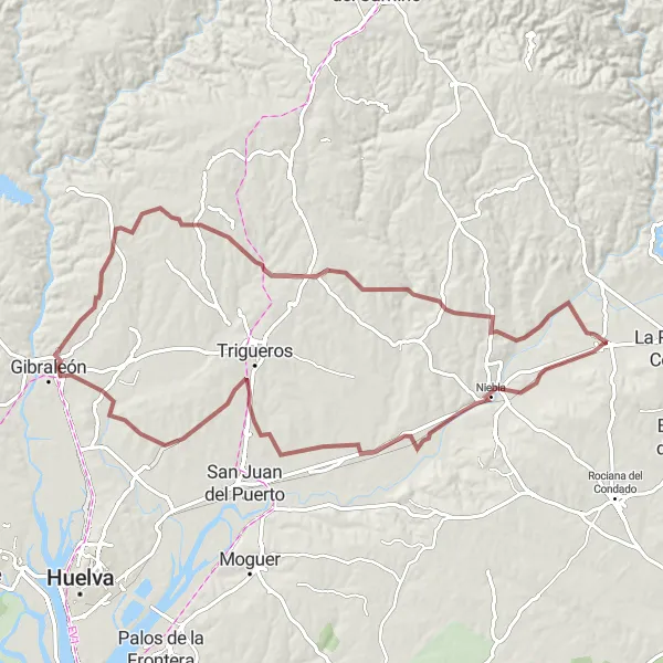 Miniatura della mappa di ispirazione al ciclismo "Avventura Gravel nei pressi di Villarrasa" nella regione di Andalucía, Spain. Generata da Tarmacs.app, pianificatore di rotte ciclistiche