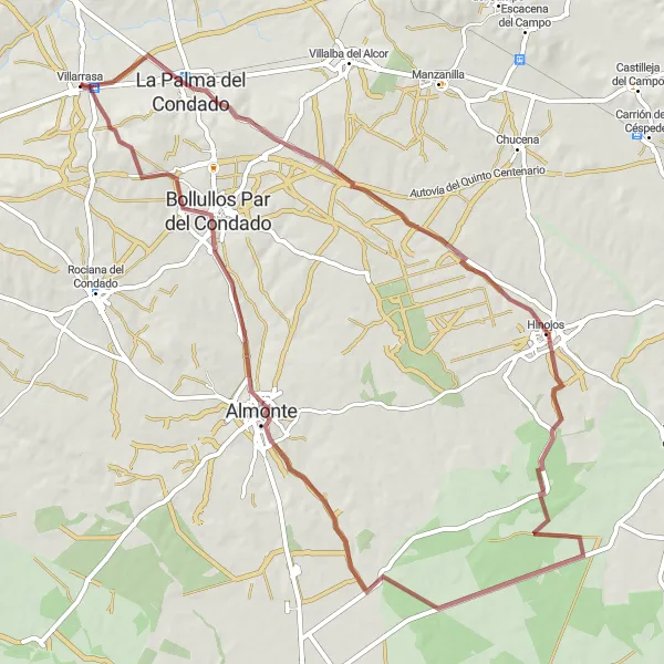 Miniaturní mapa "Gravelová cyklotrasa po Andalusii - La Palma del Condado - Hinojos - Almonte - Villarasa" inspirace pro cyklisty v oblasti Andalucía, Spain. Vytvořeno pomocí plánovače tras Tarmacs.app