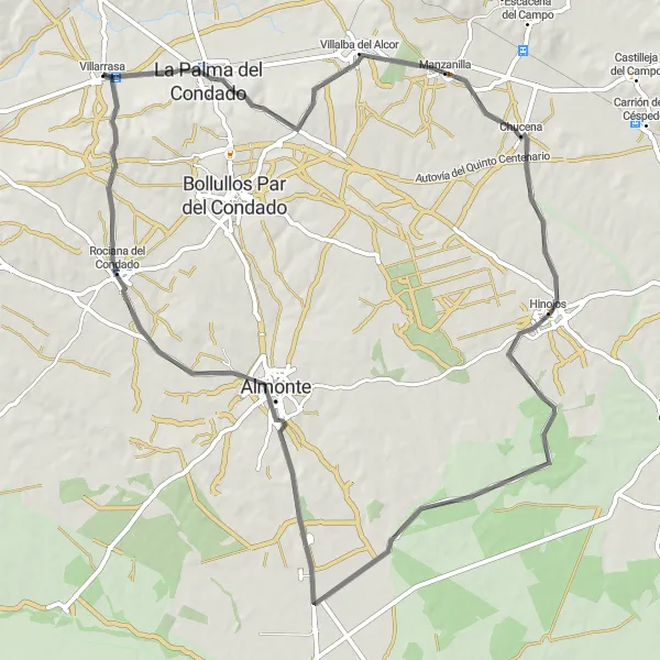 Map miniature of "Villalba del Alcor Circuit" cycling inspiration in Andalucía, Spain. Generated by Tarmacs.app cycling route planner