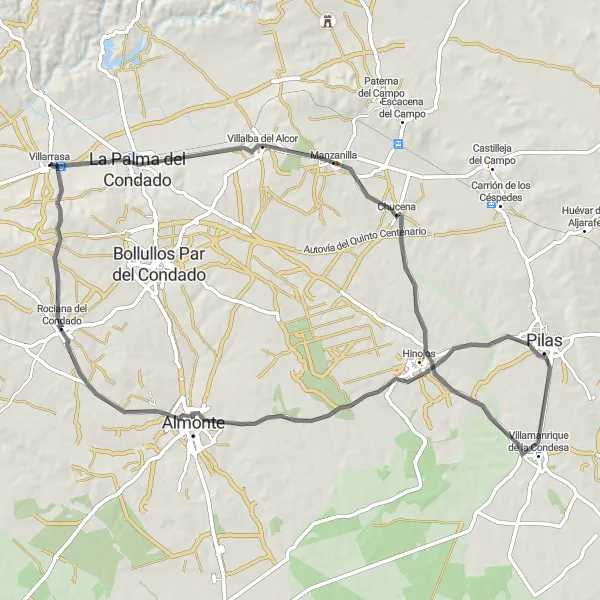 Miniature de la carte de l'inspiration cycliste "Balade sur route jusqu'à Villamanrique de la Condesa" dans la Andalucía, Spain. Générée par le planificateur d'itinéraire cycliste Tarmacs.app