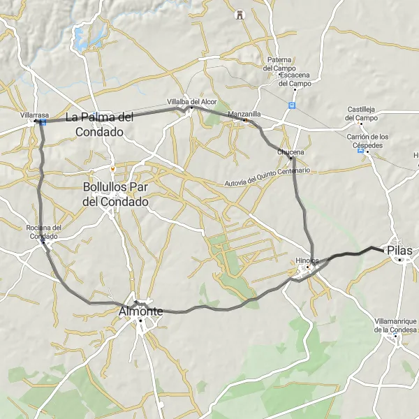 Map miniature of "Road Route around Villarrasa" cycling inspiration in Andalucía, Spain. Generated by Tarmacs.app cycling route planner