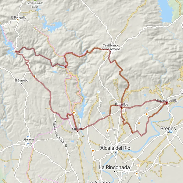 Miniatura mapy "Trasa rowerowa przez Guillenę, Las Pajanosas, Castilblanco de los Arroyos, Burguillos i Villaverde del Río" - trasy rowerowej w Andalucía, Spain. Wygenerowane przez planer tras rowerowych Tarmacs.app
