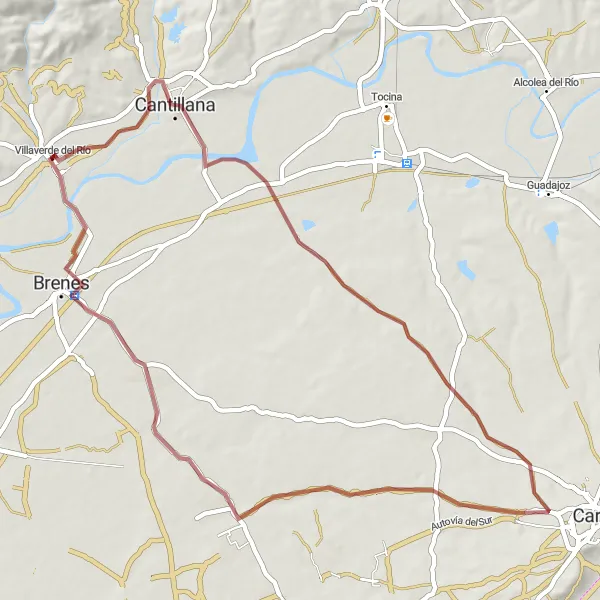 Miniatua del mapa de inspiración ciclista "Ruta por caminos de gravilla desde Villaverde del Río a Cantillana" en Andalucía, Spain. Generado por Tarmacs.app planificador de rutas ciclistas