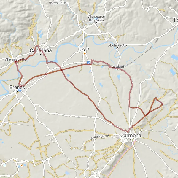 Miniatura della mappa di ispirazione al ciclismo "Giro in bicicletta per Cantillana e Carmona" nella regione di Andalucía, Spain. Generata da Tarmacs.app, pianificatore di rotte ciclistiche