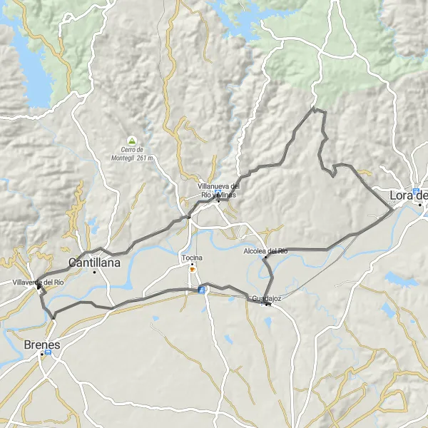 Miniature de la carte de l'inspiration cycliste "Le circuit routier panoramique au départ de Villaverde del Río" dans la Andalucía, Spain. Générée par le planificateur d'itinéraire cycliste Tarmacs.app