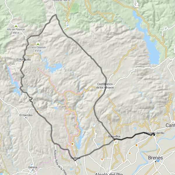 Miniatura della mappa di ispirazione al ciclismo "Road Adventure to Burguillos" nella regione di Andalucía, Spain. Generata da Tarmacs.app, pianificatore di rotte ciclistiche