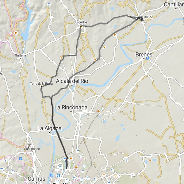 Miniatua del mapa de inspiración ciclista "Ruta en bici de carretera desde Villaverde del Río" en Andalucía, Spain. Generado por Tarmacs.app planificador de rutas ciclistas