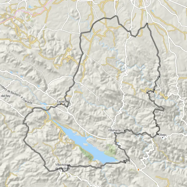 Miniatura della mappa di ispirazione al ciclismo "Giro in bicicletta Villaviciosa - Espiel - Obejo - Villaharta" nella regione di Andalucía, Spain. Generata da Tarmacs.app, pianificatore di rotte ciclistiche