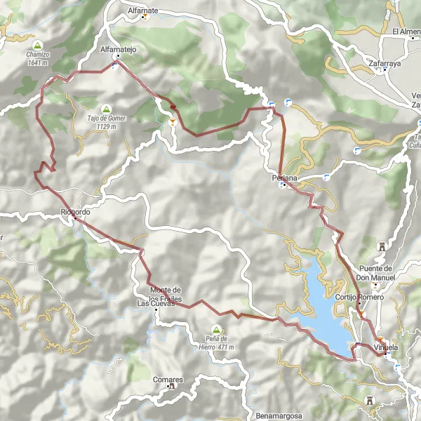 Miniatuurkaart van de fietsinspiratie "Viñuela - Peña de Hierro - Riogordo - Alfarnatejo - Periana - Viñuela" in Andalucía, Spain. Gemaakt door de Tarmacs.app fietsrouteplanner