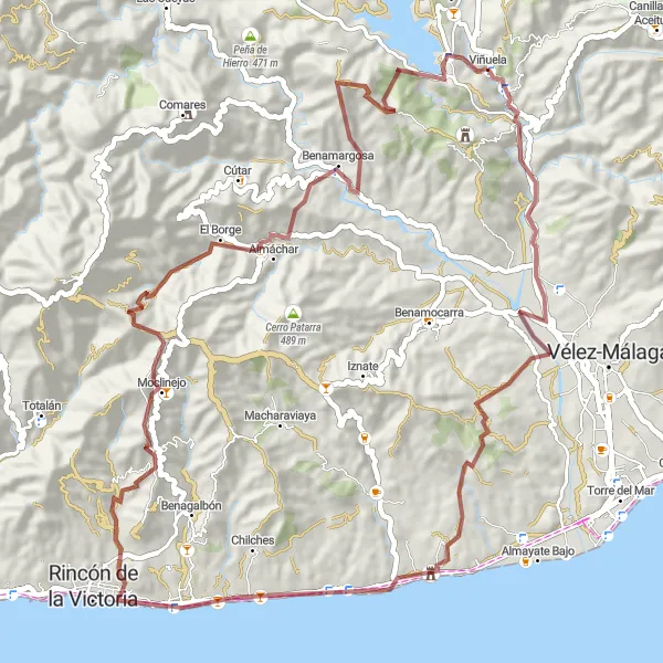 Miniatuurkaart van de fietsinspiratie "Off-road avontuur door Benajarafe - Rincón de la Victoria - Cerro Tío Cañas - Almáchar - Haza Almayata" in Andalucía, Spain. Gemaakt door de Tarmacs.app fietsrouteplanner