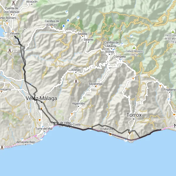 Miniature de la carte de l'inspiration cycliste "Les Côtes de la Méditerranée" dans la Andalucía, Spain. Générée par le planificateur d'itinéraire cycliste Tarmacs.app