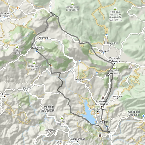 Map miniature of "Road Cycling Adventure through Alfarnatejo and Zafarraya" cycling inspiration in Andalucía, Spain. Generated by Tarmacs.app cycling route planner