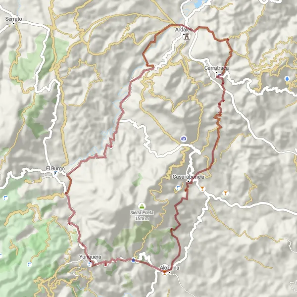 Miniatura della mappa di ispirazione al ciclismo "Giro in gravel di 64 km da Yunquera" nella regione di Andalucía, Spain. Generata da Tarmacs.app, pianificatore di rotte ciclistiche