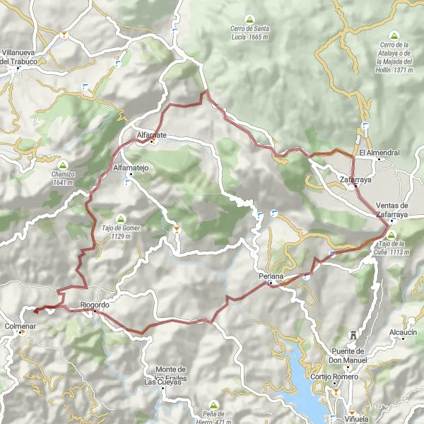 Miniature de la carte de l'inspiration cycliste "L'aventure de Riogordo à Zafarraya sur les sentiers de gravel" dans la Andalucía, Spain. Générée par le planificateur d'itinéraire cycliste Tarmacs.app