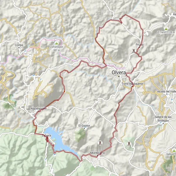 Miniatura della mappa di ispirazione al ciclismo "Avventura in Gravel tra Zahara e Pruna" nella regione di Andalucía, Spain. Generata da Tarmacs.app, pianificatore di rotte ciclistiche
