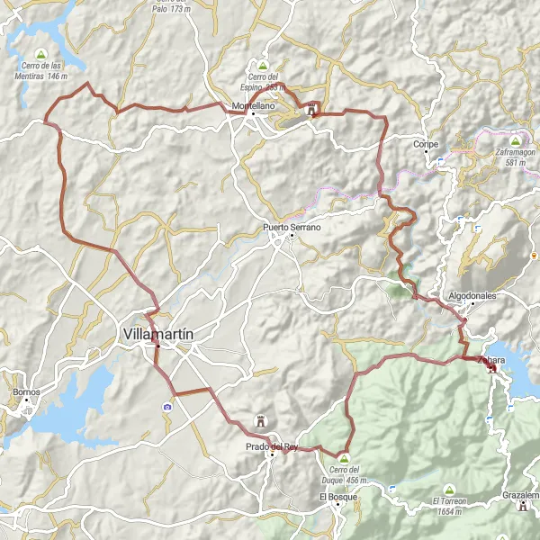 Map miniature of "The Zahara - Villamartín Gravel Adventure" cycling inspiration in Andalucía, Spain. Generated by Tarmacs.app cycling route planner