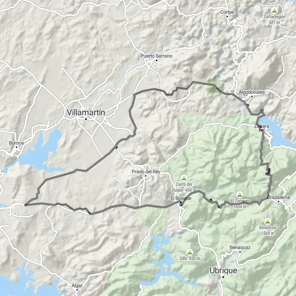 Miniatura della mappa di ispirazione al ciclismo "Giro in bicicletta su strada tra Zahara e Las Abiertas" nella regione di Andalucía, Spain. Generata da Tarmacs.app, pianificatore di rotte ciclistiche