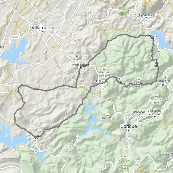 Map miniature of "The Zahara - El Bosque Route" cycling inspiration in Andalucía, Spain. Generated by Tarmacs.app cycling route planner