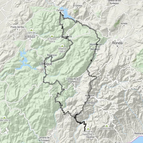 Miniatuurkaart van de fietsinspiratie "De ultieme road route van Zahara naar La Garganta Verde" in Andalucía, Spain. Gemaakt door de Tarmacs.app fietsrouteplanner