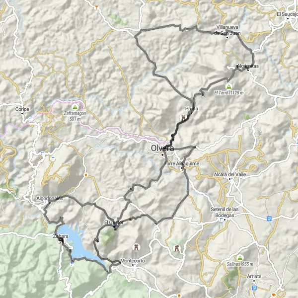 Map miniature of "The Zahara - Algodonales Loop" cycling inspiration in Andalucía, Spain. Generated by Tarmacs.app cycling route planner