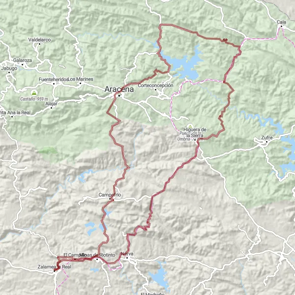 Miniaturní mapa "Gravel Adventure through Sierra de Aracena" inspirace pro cyklisty v oblasti Andalucía, Spain. Vytvořeno pomocí plánovače tras Tarmacs.app