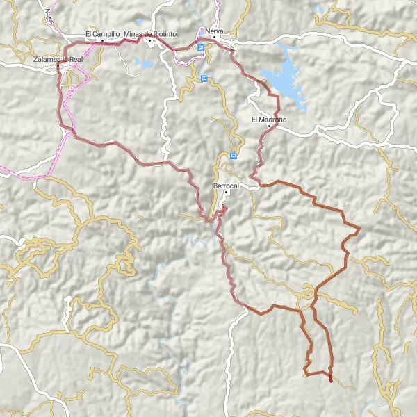 Miniatura della mappa di ispirazione al ciclismo "Rotta Miniere e Paesaggi Colorati" nella regione di Andalucía, Spain. Generata da Tarmacs.app, pianificatore di rotte ciclistiche