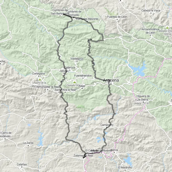 Miniatura della mappa di ispirazione al ciclismo "Giro in bici strada da Zalamea la Real" nella regione di Andalucía, Spain. Generata da Tarmacs.app, pianificatore di rotte ciclistiche