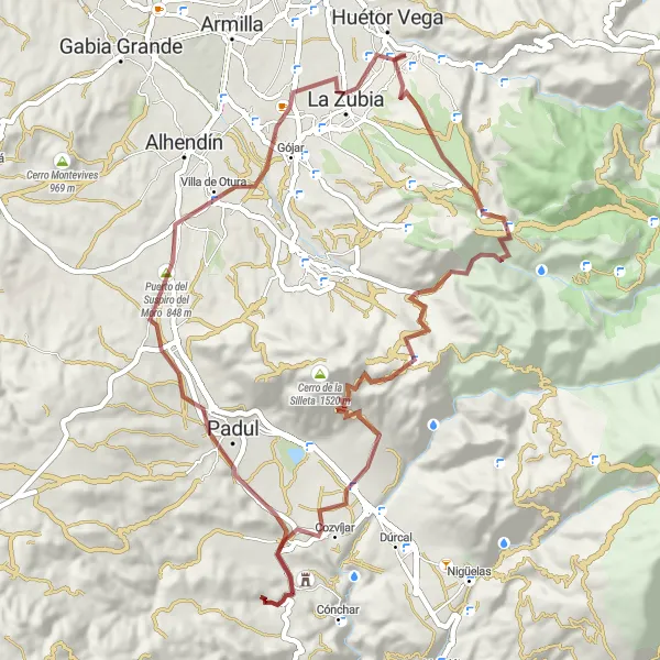 Miniatua del mapa de inspiración ciclista "Ruta de Grava Cerro Redondo - Cájar" en Andalucía, Spain. Generado por Tarmacs.app planificador de rutas ciclistas