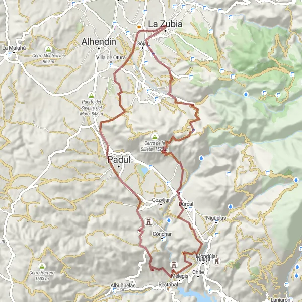 Miniatura della mappa di ispirazione al ciclismo "Esplorazione Gravel tra Gójar e Ogíjares" nella regione di Andalucía, Spain. Generata da Tarmacs.app, pianificatore di rotte ciclistiche