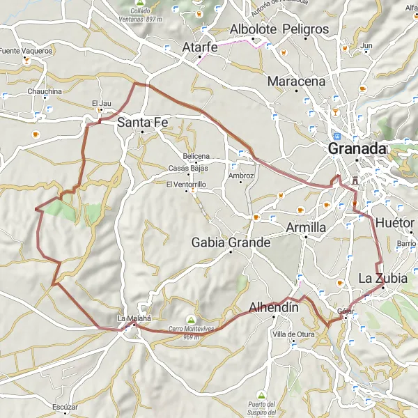 Miniatura della mappa di ispirazione al ciclismo "Avventura Gravel tra La Zubia e Alcázar Genil" nella regione di Andalucía, Spain. Generata da Tarmacs.app, pianificatore di rotte ciclistiche