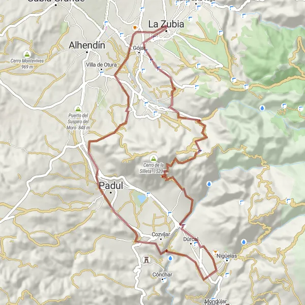 Miniaturní mapa "Gravel Bike Route: Gójar to La Zubia Loop" inspirace pro cyklisty v oblasti Andalucía, Spain. Vytvořeno pomocí plánovače tras Tarmacs.app