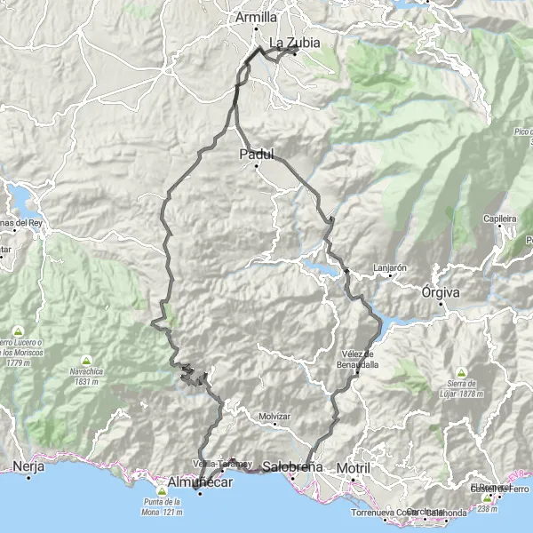 Miniatura della mappa di ispirazione al ciclismo "Scoperta della Costa Tropicale" nella regione di Andalucía, Spain. Generata da Tarmacs.app, pianificatore di rotte ciclistiche