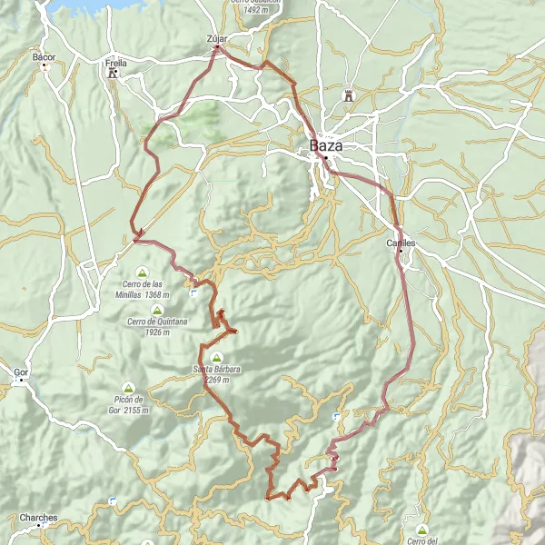 Miniatuurkaart van de fietsinspiratie "Adembenemende gravelrit naar Caniles en Cerro del Túnel" in Andalucía, Spain. Gemaakt door de Tarmacs.app fietsrouteplanner