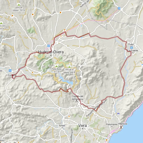 Miniatura della mappa di ispirazione al ciclismo "Scopri Huércal-Overa e Cuevas del Almanzora in bicicletta" nella regione di Andalucía, Spain. Generata da Tarmacs.app, pianificatore di rotte ciclistiche