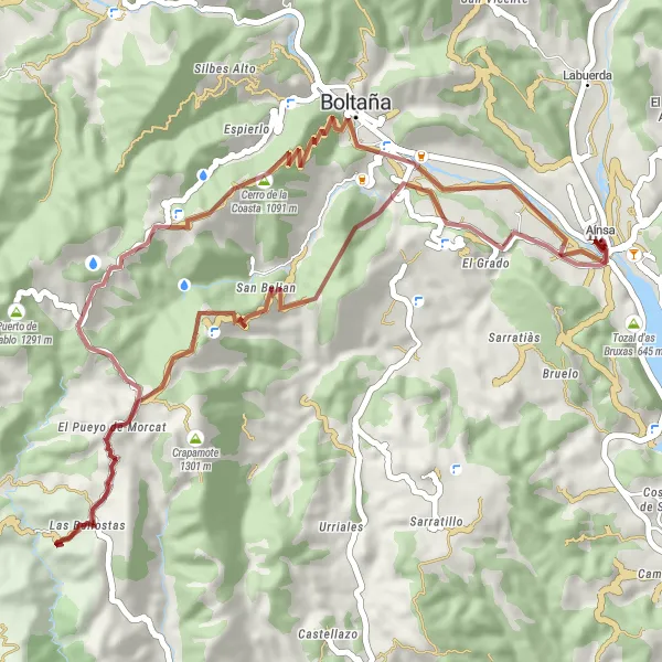 Karten-Miniaturansicht der Radinspiration "Einzigartige Gravel-Strecke um Aínsa" in Aragón, Spain. Erstellt vom Tarmacs.app-Routenplaner für Radtouren