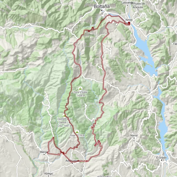 Map miniature of "Aínsa Valleys Gravel Adventure" cycling inspiration in Aragón, Spain. Generated by Tarmacs.app cycling route planner