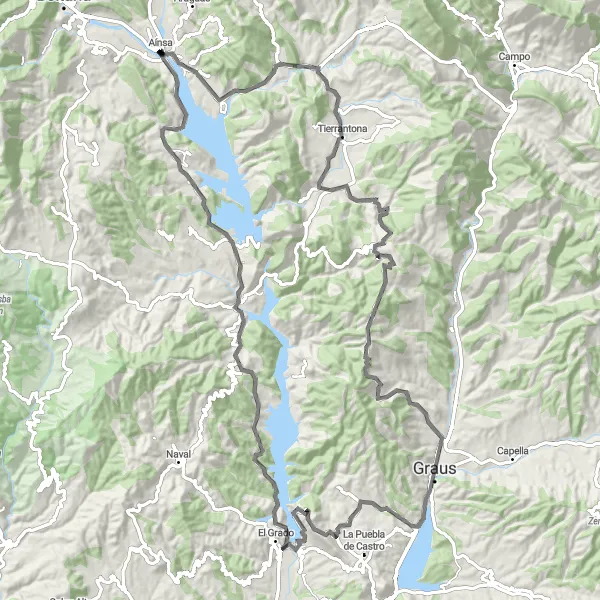 Miniaturní mapa "Kolečko okolo Graus" inspirace pro cyklisty v oblasti Aragón, Spain. Vytvořeno pomocí plánovače tras Tarmacs.app