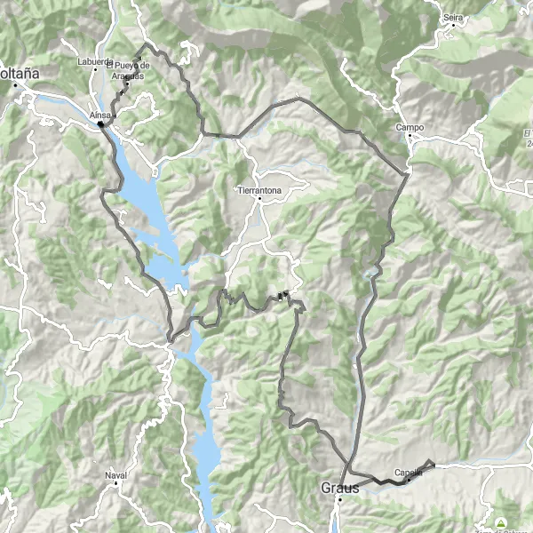 Miniature de la carte de l'inspiration cycliste "Parcours Cycliste époustouflant à Aínsa" dans la Aragón, Spain. Générée par le planificateur d'itinéraire cycliste Tarmacs.app