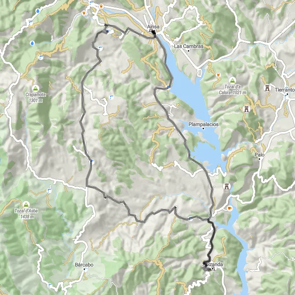 Miniatua del mapa de inspiración ciclista "Ruta de ciclismo desde Aínsa a Aínsa" en Aragón, Spain. Generado por Tarmacs.app planificador de rutas ciclistas
