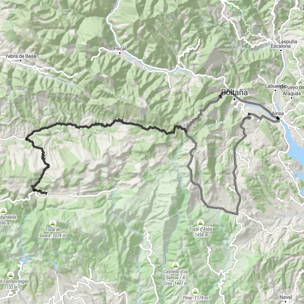 Miniaturní mapa "Aínsa - Collado de Sierrahún loop" inspirace pro cyklisty v oblasti Aragón, Spain. Vytvořeno pomocí plánovače tras Tarmacs.app