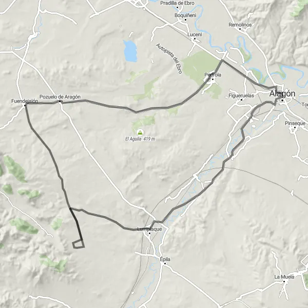 Miniatura della mappa di ispirazione al ciclismo "Tour ciclistico attraverso Depuradora e Lumpiaque" nella regione di Aragón, Spain. Generata da Tarmacs.app, pianificatore di rotte ciclistiche