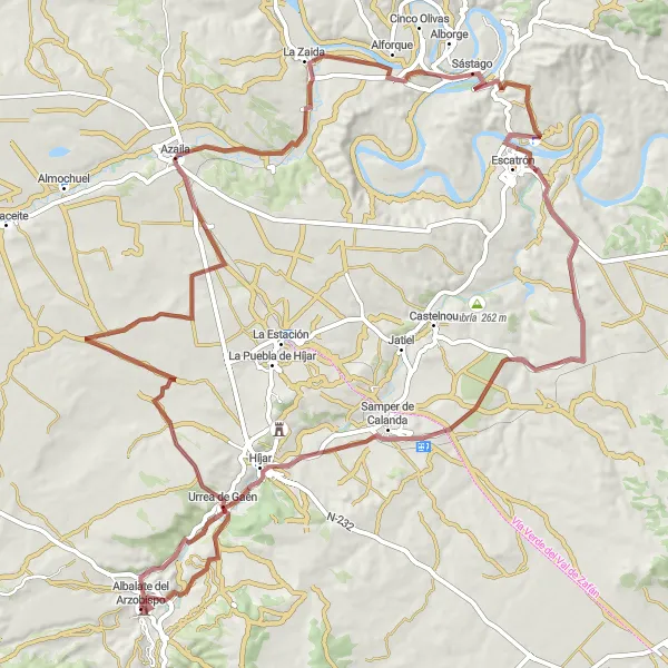 Miniatura della mappa di ispirazione al ciclismo "Esplorazione in Mountain Bike tra Antichi Villaggi" nella regione di Aragón, Spain. Generata da Tarmacs.app, pianificatore di rotte ciclistiche