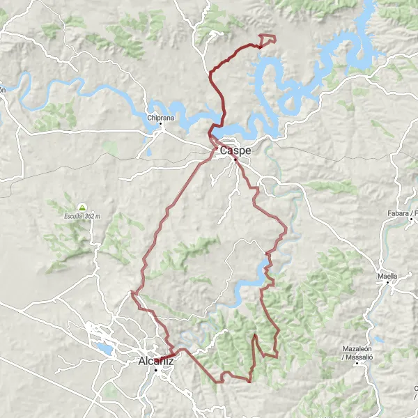 Miniaturní mapa "Gravel Bike Trasa kolem Alcañizu" inspirace pro cyklisty v oblasti Aragón, Spain. Vytvořeno pomocí plánovače tras Tarmacs.app