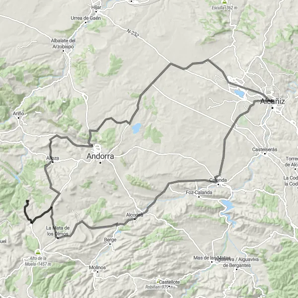 Miniatua del mapa de inspiración ciclista "Ruta hacia Alcorisa y Crivillén" en Aragón, Spain. Generado por Tarmacs.app planificador de rutas ciclistas