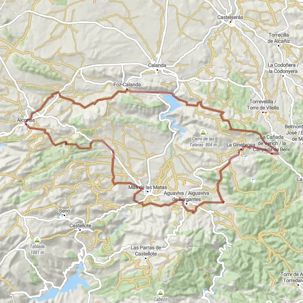 Map miniature of "Alcorisa - Foz-Calanda Gravel Loop" cycling inspiration in Aragón, Spain. Generated by Tarmacs.app cycling route planner