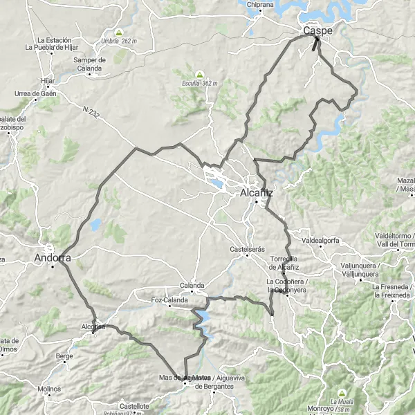 Map miniature of "Alcorisa - Andorra Circuit" cycling inspiration in Aragón, Spain. Generated by Tarmacs.app cycling route planner